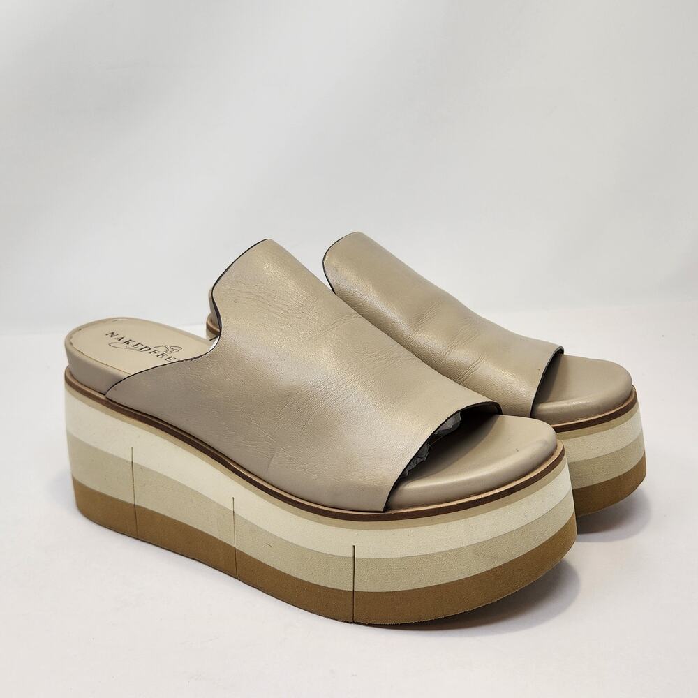 Naked Feet Flow Cream Tan Leather Platform Sandals Women Size 7.5 M Wedge Slide